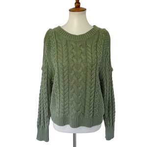 Aerie Cold Shoulder Cable Knit Pullover Sweater Long Sleeve M Medium Sage Green